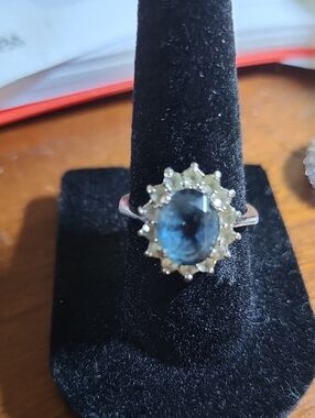 London Blue Topaz Sterling Silver Halo Ring with Round Morganite Stones